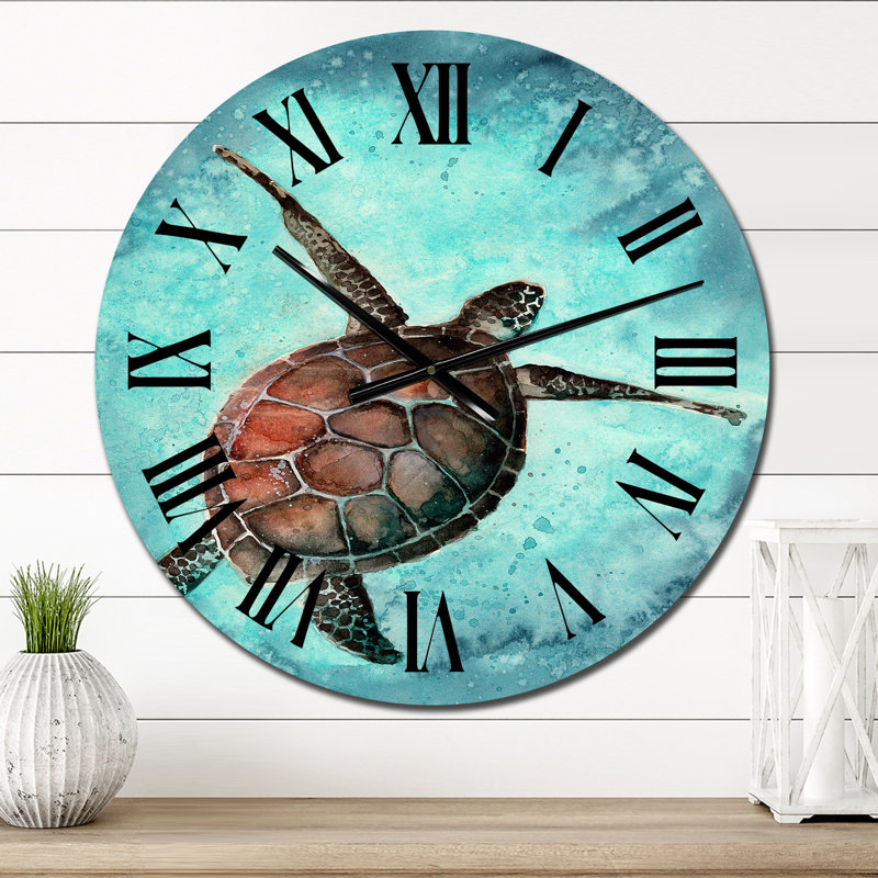Tortue de mer colorée nageant dans l'océan - Horloge murale nautique et côtière, Petit