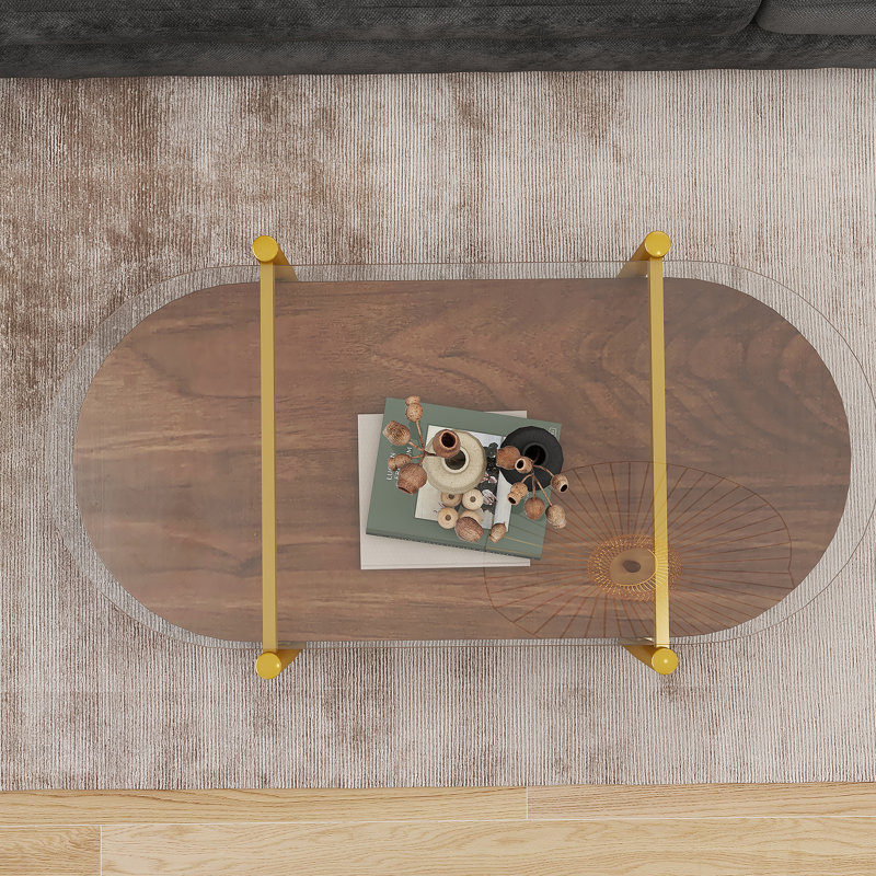 Table basse ovale en verre de forme moderne, format 41 po x l 21 po x H 17 po, pour le salon, structure à double couche avec fonction de rangement, verre transparent et panneau de fibres à densité moyenne brun café