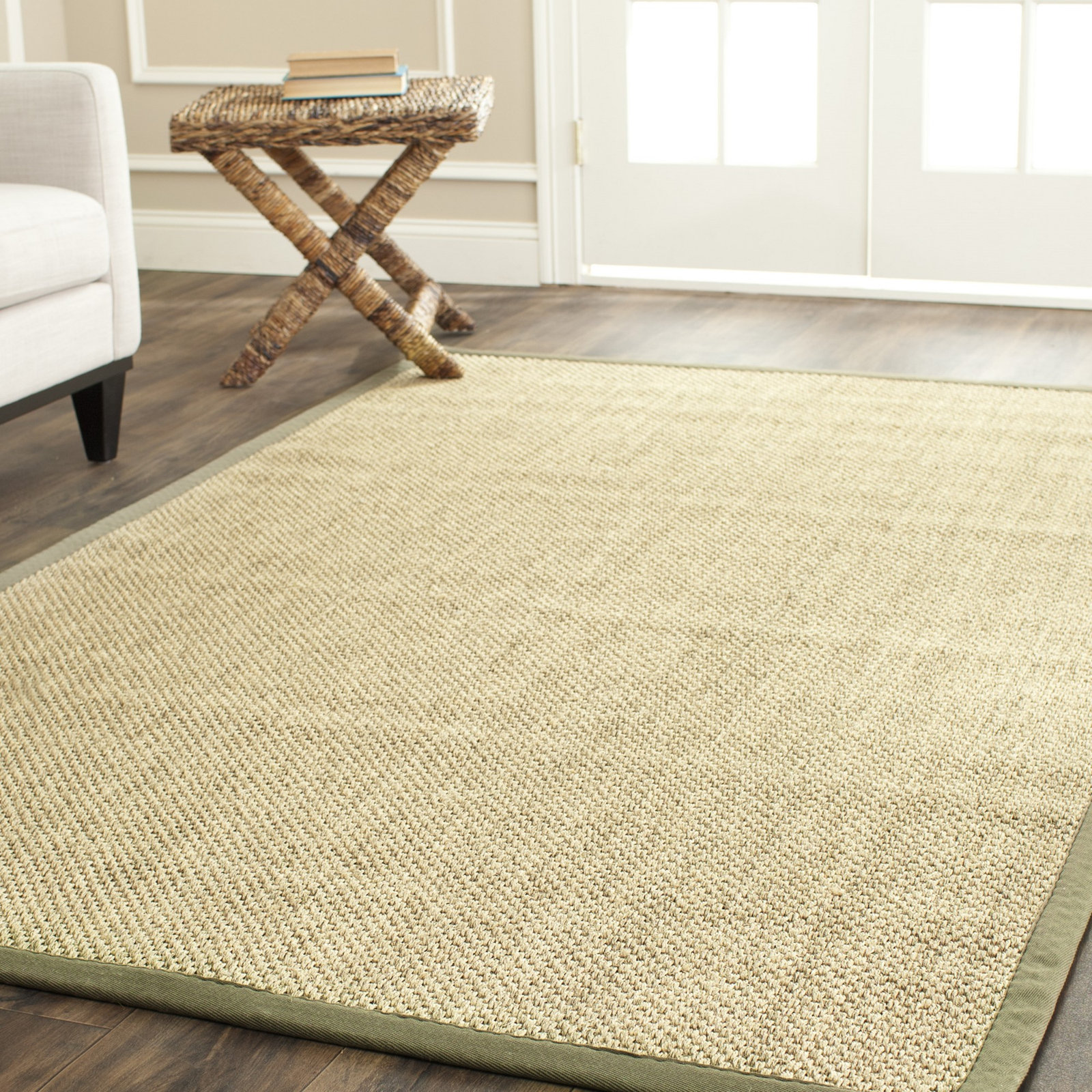 Beige Green Floral Jute Rug, Rectangle 6' x 9'