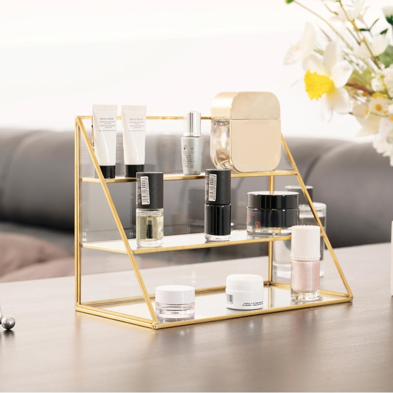 Organisateur de maquillage en verre à 3 niveaux, vitrine dorée pour coiffeuse | Rangement compact pour coiffeuse ou commode