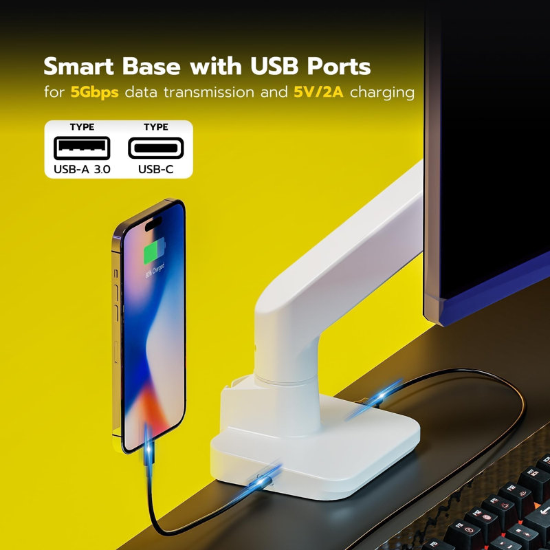 Ultrawide Monitor Desk Arm with USB A/C for 17 to 49 Inch Screen, White