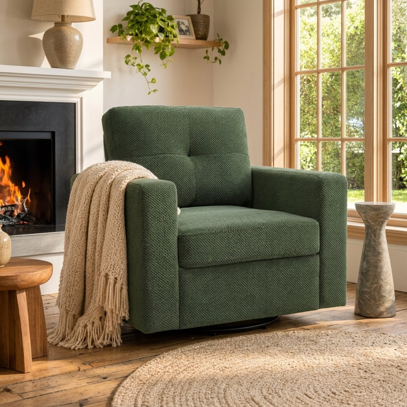 Fauteuil pivotant moderne capitonné Pivot pour salon, Dark Green