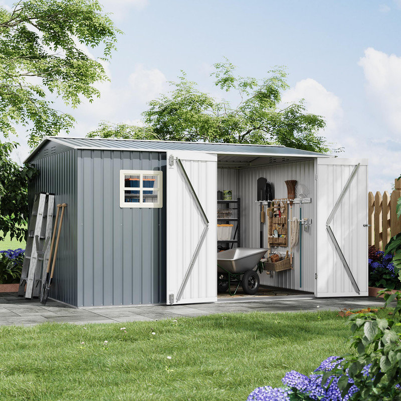 Remise de rangement extérieure 10 x 8 pi avec portes doubles verrouillables, fenêtre, évents, remise à outils de jardin en métal résistante aux intempéries pour le matériel de jardin et le jardin