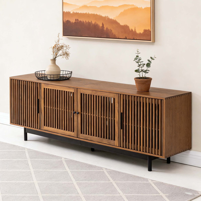 Meuble télé 78 po pour téléviseur de 85 po ou moins, centre de divertissement avec rangement fermé et gestion des câbles, charnières à fermeture douce, pieds en bois massif
