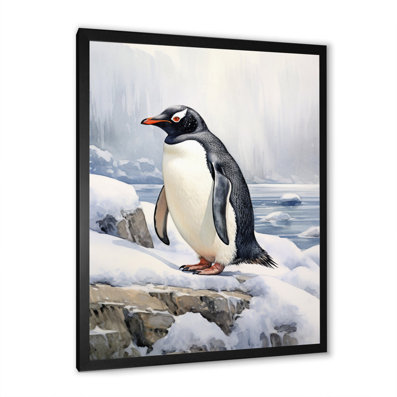 Penguins gracieux V - décoration murale animaux, Cadre simple noir, H 32 po x l 24 po x P 1 po
