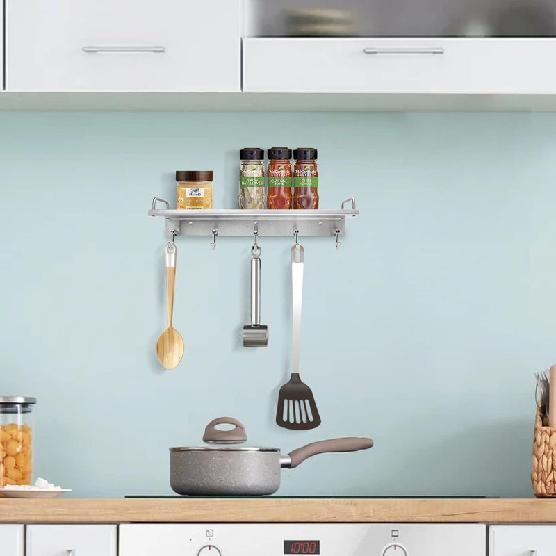 Support à ustensiles de cuisine, support à épices 15,7 po avec 5 crochets muraux | Tablette murale en acier inoxydable