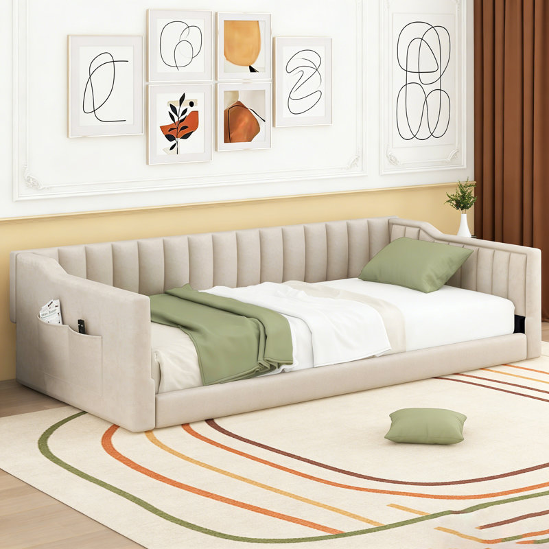 Twin XL Upholstered Daybed With Side Storage Pocket, Beige, Twin 