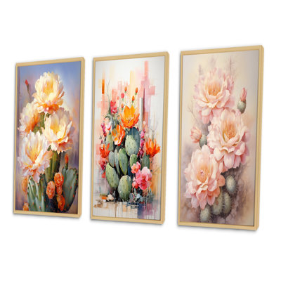 «Pink Green Cactus Romantic Impression», 3 pièces sur toile