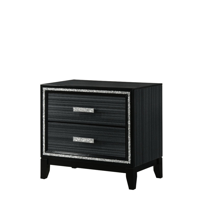 Table de chevet en noir - dispositif d'arrêt, 2 tiroirs, P 17 po x l 28 po H 26 po, tiroirs de rangement spacieux synthétiques avec système coulissant et décor chatoyant pour la chambre à coucher