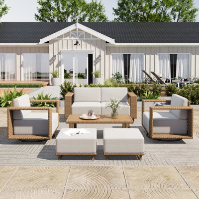 6 - Person Outdoor Wicker Patio Conversation Furniture Set With Table,Swivel Chairs And Ottomans