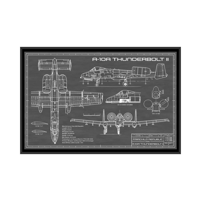 A-10 Thunderbolt II-imprimé de dessin, Pas de tapis, H 18 po x l 26 po x P 1,5 po, Toile avec cadre noir