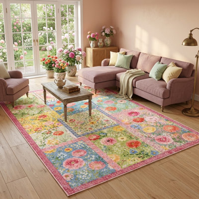 Tapis en patchwork floral 180 x 240 cm, imprimé floral aquarelle vintage, tapis à poils courts lavable, envers antidérapant, style bohème champêtre, idéal pour salon, chambre ou salle à manger.