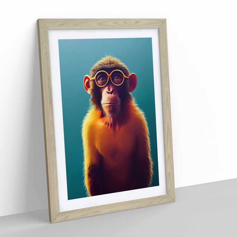 Brainy Monkey - Wall Art, 48cm H x 36cm W, Oak Framed, White