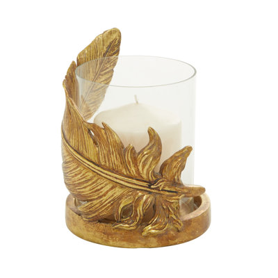 Glass Feather Pillar Bird Gold Hurricane Lamp