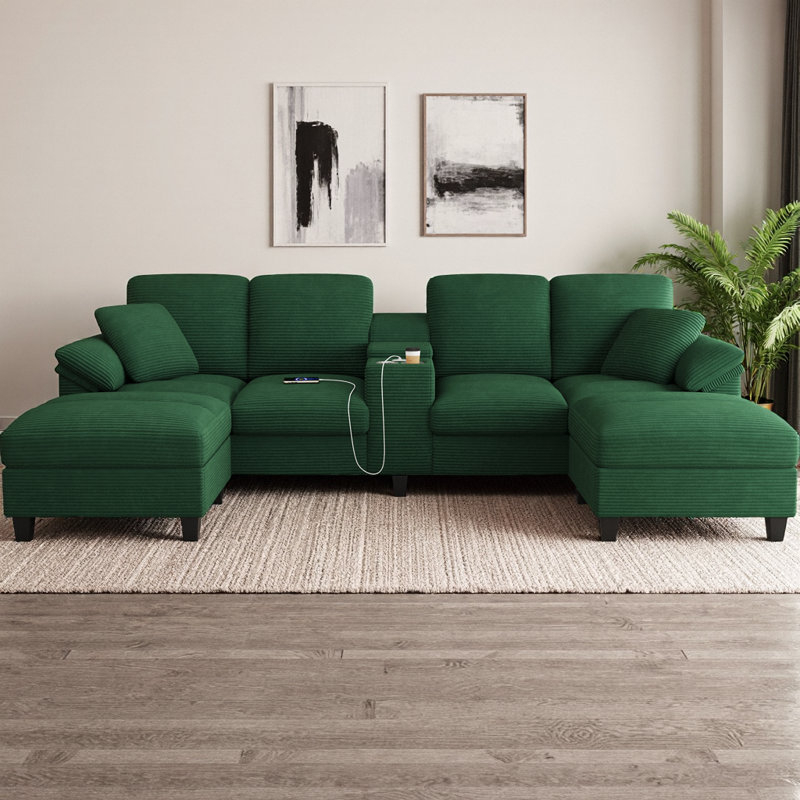 116.9" Modern U-shaped Sectional Sofa with Storage Ottomans, Center Console featuring Cup Holders & USB Ports, Corduroy Upholstered Sofa with Pillow Top Arms for Living Room