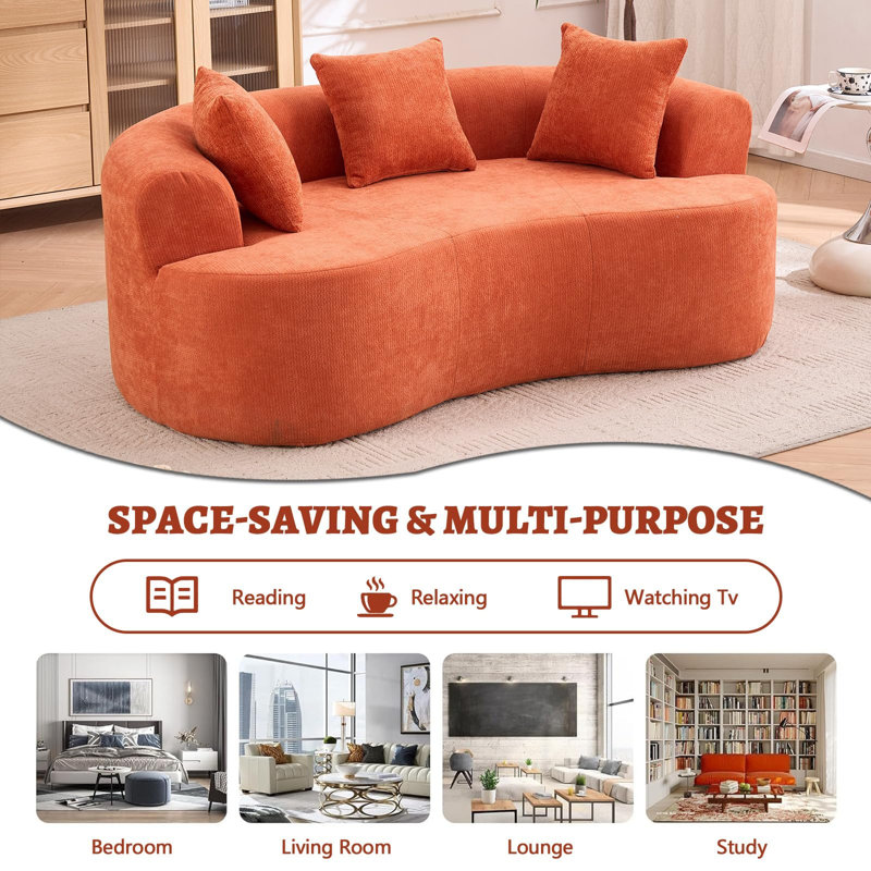 Boneless 67" Curved Loveseat For Small Spaces, Curved Couches For Living Room, Compression Sofa In A Box With 3 Pillows, Small Couch For Bedroom With Wide Armrest & Memory Foam, No Assembly Required