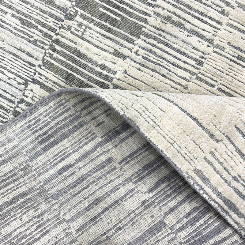 Tapis noué à la main gris / ivoire / bleu clair, Rectangle 8 pi x 10 pi