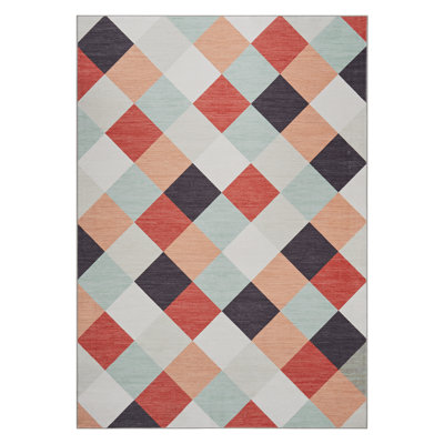 8*10ft Red Check Plaid Runner Rug, Washable Geometric Print Floor Mat, Anti-Slip Rubber Base Traditional Area Carpet for Hallway, Kitchen, Bedroom & Living Room