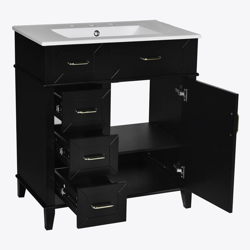 Meuble-lavabo de 30 pouces avec lavabo en céramique, tablette réglable, porte à fermeture en douceur et trois tiroirs à fermeture en douceur