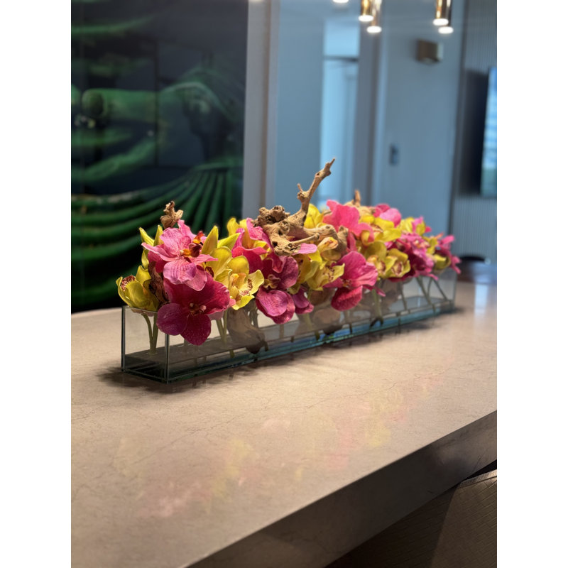 Casa Polyether Polyurethane (PU) Orchids Arrangement in Planter, 8" H x 36" W x 8" D