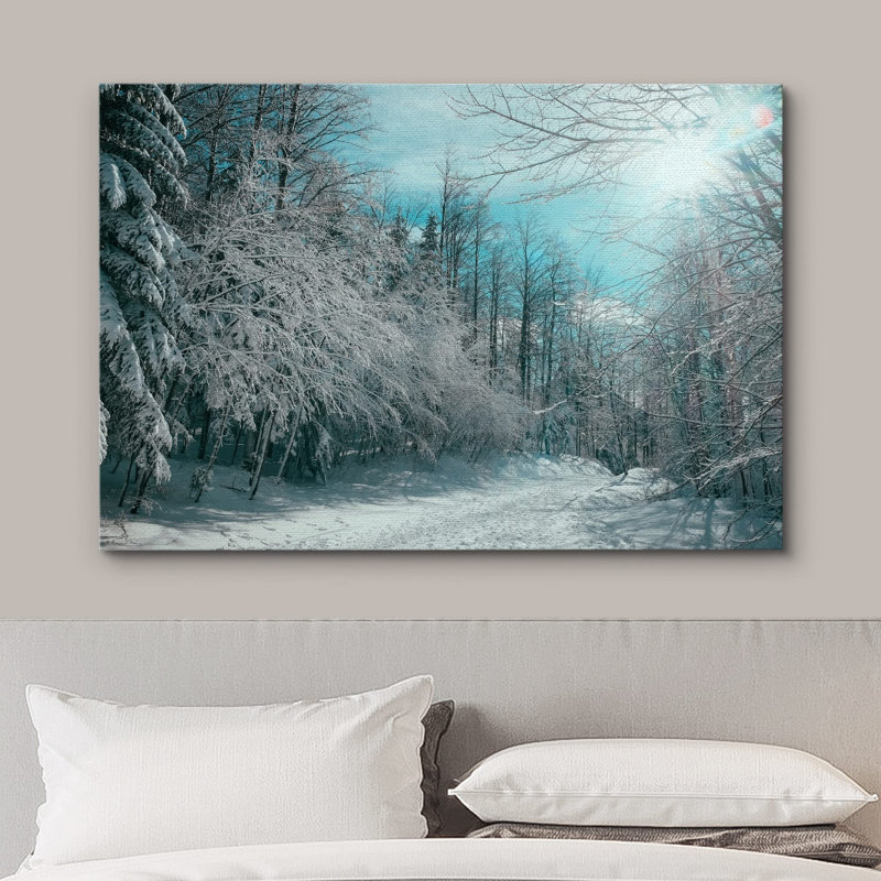 Winter " Pine Tree Forest Covered in Snow " Graphic Art Print, 32" H x 48" W x 1.5" D, Wrapped Canvas