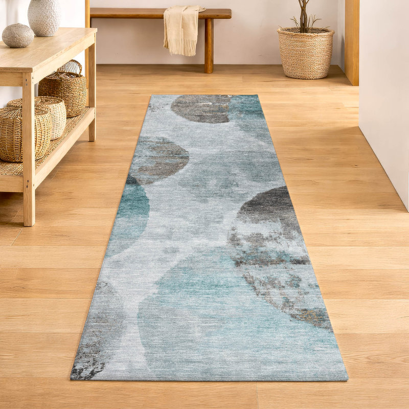 Premium Machine Washable Mayfield AMF2346 Abstract Rug, Teal, 2'3" x 7'6" Runner