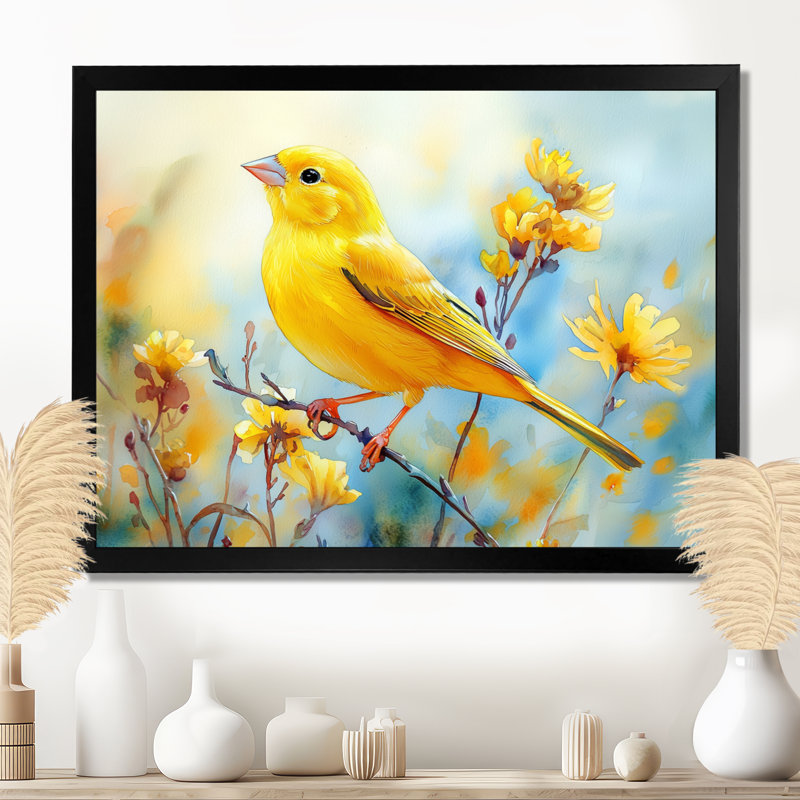 Oiseau pinson sur une tige de fleur sauvage III - oiseau, art mural, Cadre simple, Noir, H 12 po x l 20 po