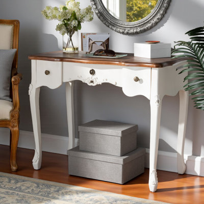 Eon Small 3-drawer Wood Console Table in Traditional French Country White and Brown Finish by Ophelia & Co.