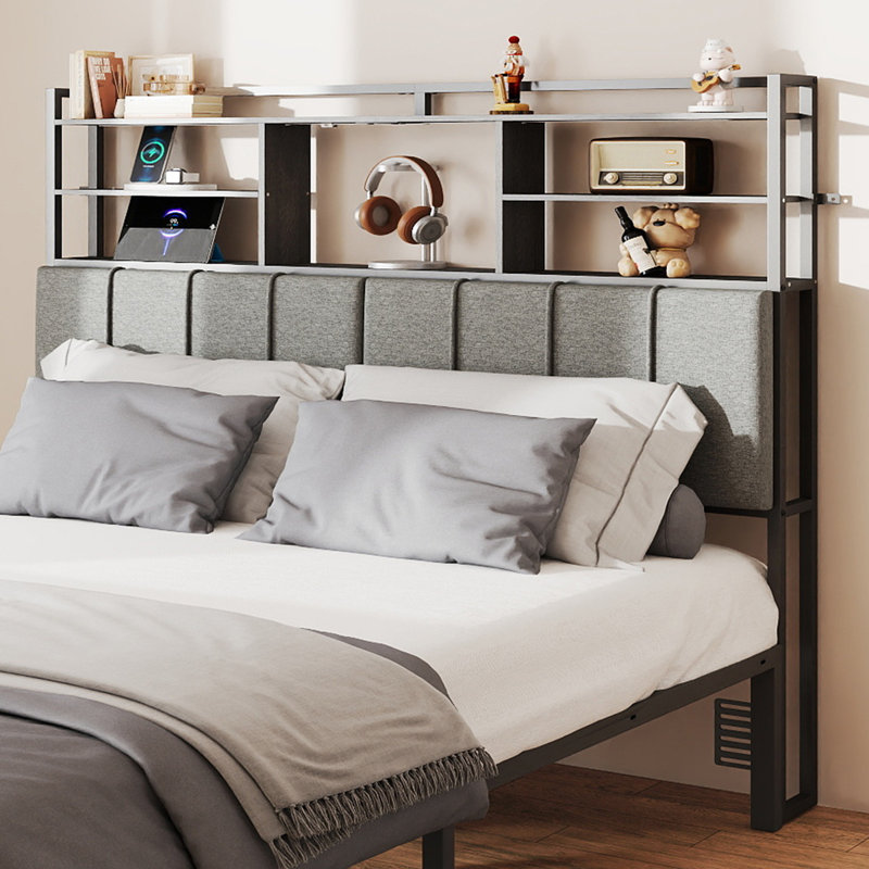 Tête de lit tapissier pour lit double avec tablettes de rangement à 3 niveaux, têtes de lit avec prises, port USB et lumières de type C et à DEL, tête de lit double seulement, hauteur réglable, gris