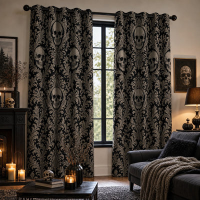 2Pcs Gothic Skull Damask Print Sun Blocking Curtains, Victorian Style, Vintage Ornament Pattern Ring Top, Noise Reduction and Heat Insulation for Bedroom Living Room for Home Dector