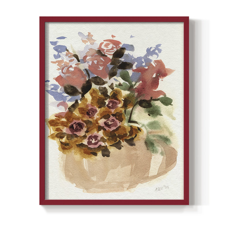 Mauve Bouquet in Teapot II Framed Print - Solid Wood, 21" H x 17" W, Red