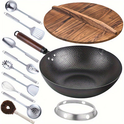 12.6" Iron Wok-11pcs Woks & Stir Fry Pans Wok Pan with Lid, No Chemical Coated Chinese Wok with 10 Cookware Accessories, Flat Bottom Wok for Electric, Induction, Gas Stoves