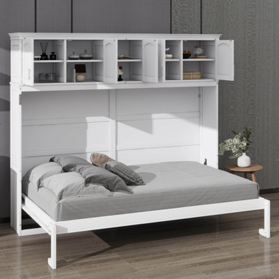 Queen Size Foldable Murphy Bed, Wall-Mounted Bed Frame With Upper Cabinets, Concealed Platform Bed
