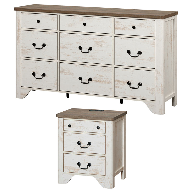 Ensemble de commode et table de chevet 2 tiroirs en bois 2 pièces pour chambre à coucher, commode minimaliste moderne, table de bout avec station de charge