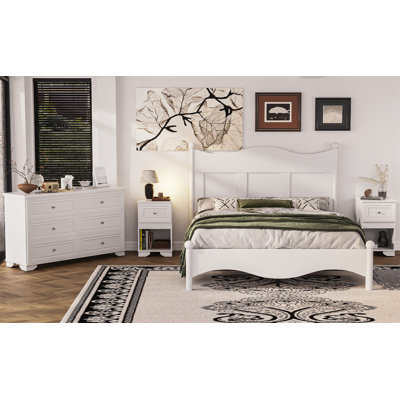 4-Pieces Retro Style Bedroom Set, Queen Size Platform Bed with Elegant Design, Storage Nightstands and Dresser, White