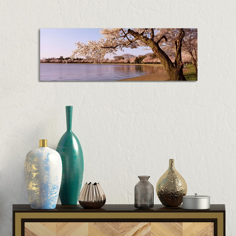 Cherry Blossom Tree Along a Lake, Potomac Park, Washington DC, USA 1 Piece Wrapped Canvas Panoramic Wall Art