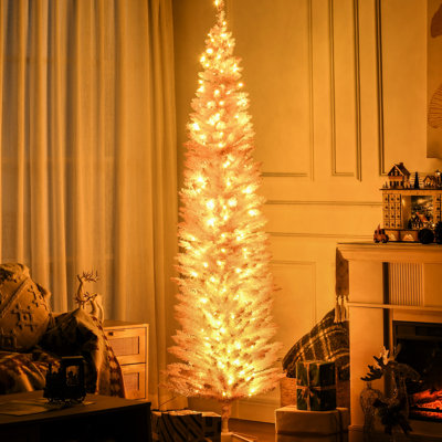 Grand sapin de Noël rose de 7 pi avec branches ignifuges, 200 lumières DEL blanc chaud et base à basse consommation artificielle à installation rapide, 499 pointes