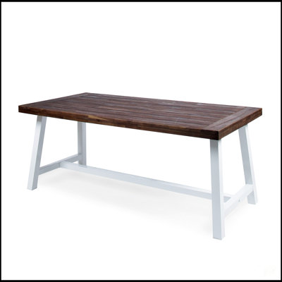 Table de salle à manger d'extérieur durable en bois d'acacia avec structure en métal blanc résistant à la rouille pour une utilisation toutes saisons