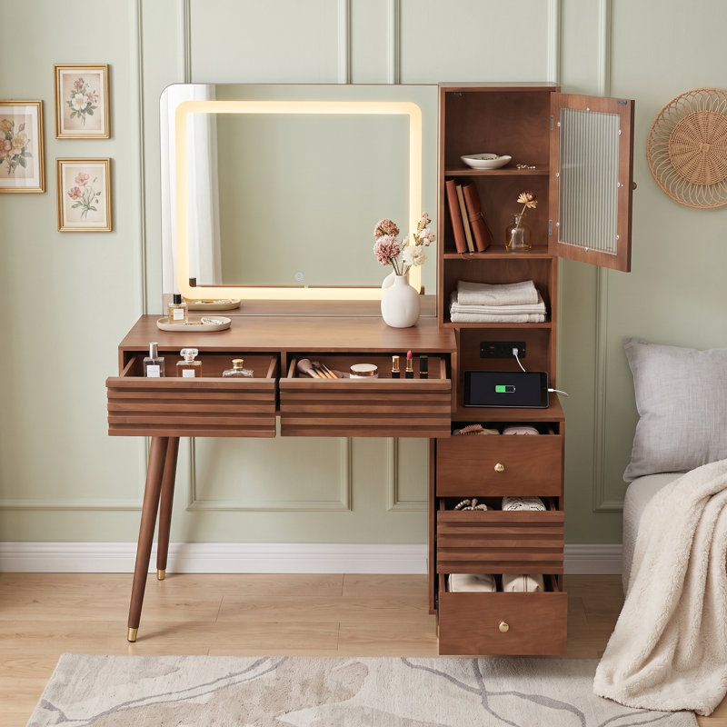 Bureau de maquillage avec miroir à DEL, 5 tiroirs, armoire de rangement en verre cannelé, tablettes et station de charge intégrée