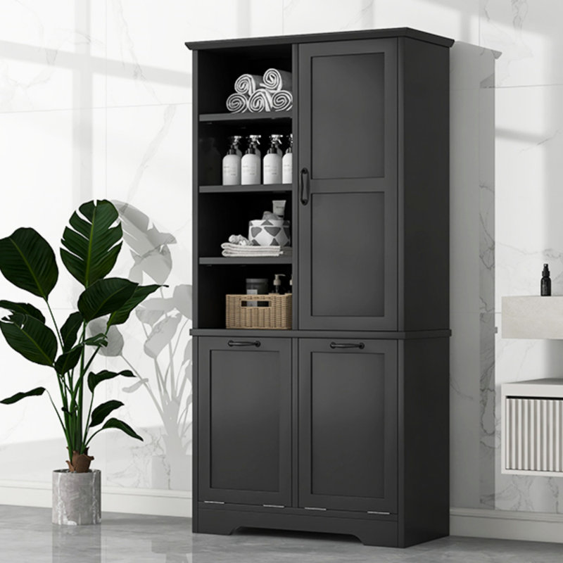 Armoire de rangement pour salle de bain avec portes et tiroirs, panier à linge inclinable, plusieurs espaces de rangement, style autoportant, tablette ouverte, tablette réglable, noir