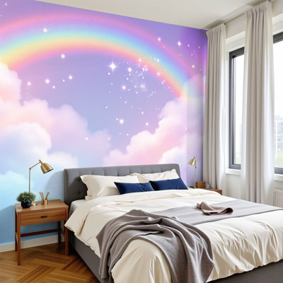 Papier peint adhésif Boho, nuages arc-en-ciel pastel doux, étoiles scintillantes, H 100 po x l 144 po, papier peint amovible en PVC, peinture murale auto-adhésive, décoration pour le salon de la chambre à coucher