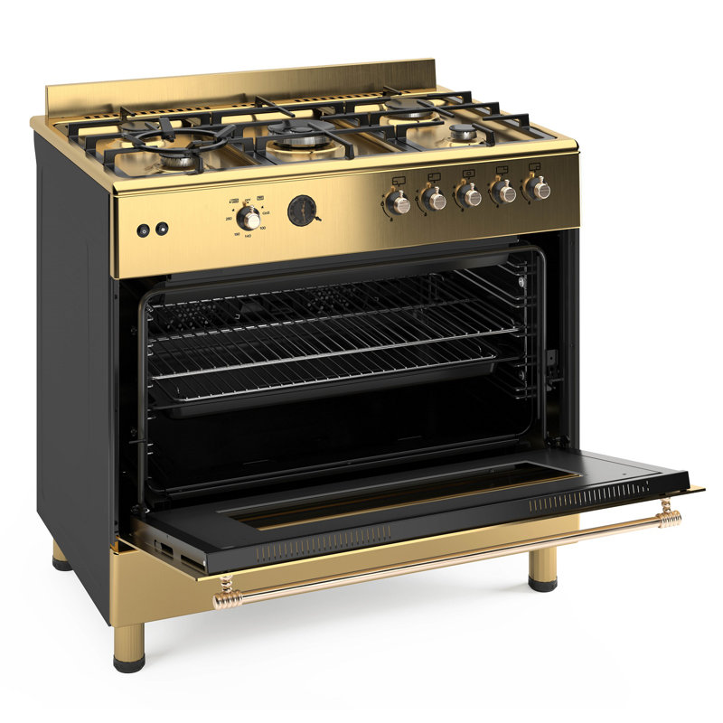 Ferre  90cm Gas Range Cooker With Double Turbo Fan & 5 Burner(1 Wok) Gas Hob - Gold