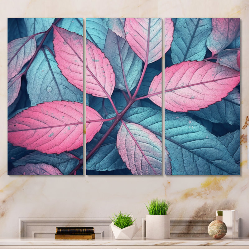 «Pink Teal Leaf Of Splendor» sur toile, reproduction de 3 pièces, H 28 po x l 36 po x P 1 po