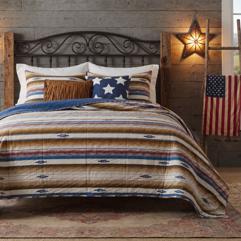 Painted Desert Southwest Reversible Quilt Set, Queen Quilt + 2 Standard Shams, Sapphire/Red/Cream
