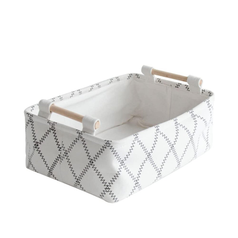 Decorative Collapsible Rectangular Fabric Storage Bin Organizer Basket With Wooden Handles For Clothes Storage