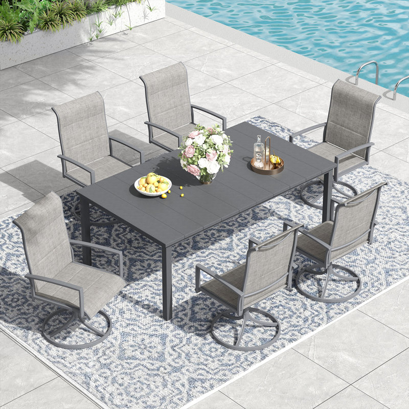 Patio Dining Set with Rectangular Dining Table and  Padded Swivel Chairs, Gray/Gray