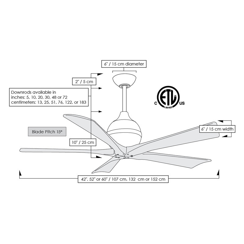 52" Irene 5-Blade Ceiling Fan with Wall Remote, Matte Black, Matte White, 42"