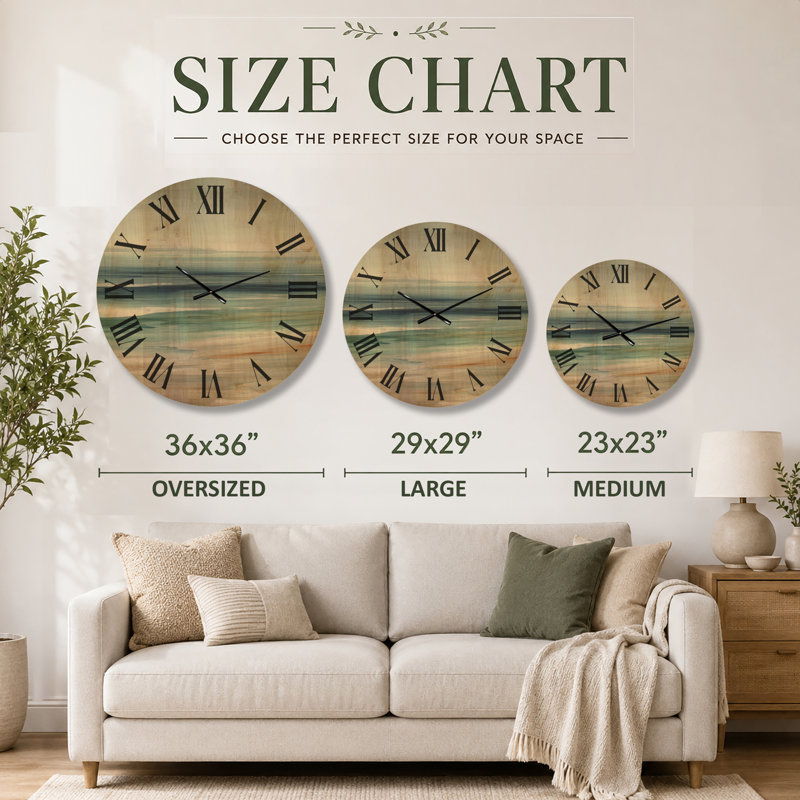 Oversized Ocean Silent Wood Wall Clock – Sunset Aerial View Beach, Large
