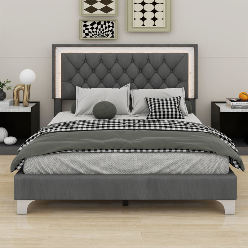 Upholstered Bed Frame With LED Lights,Modern Platform Bed With Tufted Headboard, Grey