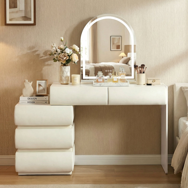 Makeup Vanity Set with 3-Color LED Lighted Mirror, 2-in-1 Vanity & Nightstand with 5 Deep Storage Drawers, Modern Leather Upholstered Dressing Table for Bedroom